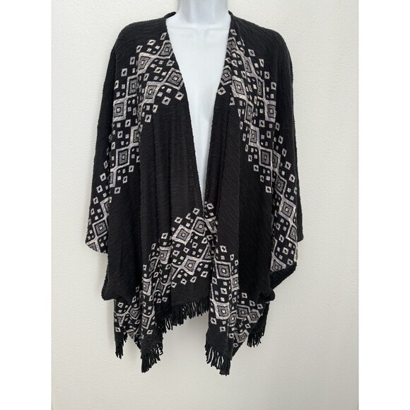 Mossimo Boho S/M Kimono Diamond Triangle Pattern Aztec Black Fringe Festival EUC - Picture 1 of 6
